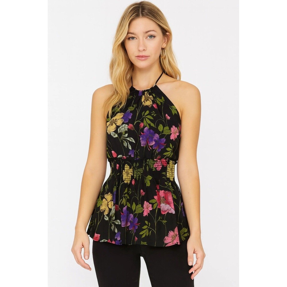 Express Sleeveless Halter Neck Peplum Top Women's S Black Floral Elastic Waist